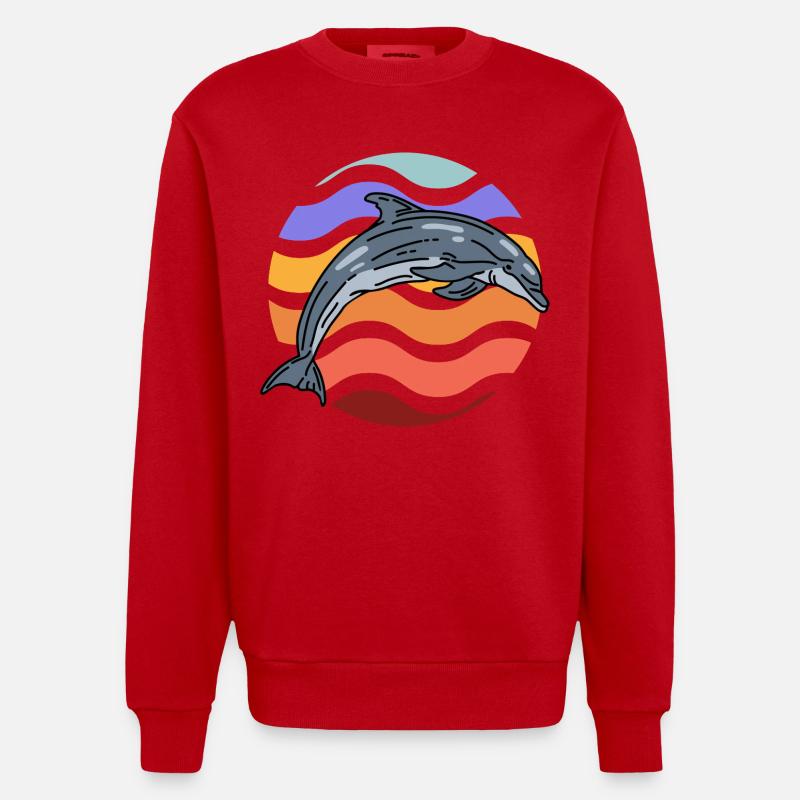 Dolphin in wave pattern - Heavyweight Oversized Organic Crew Neck Made in EU - red