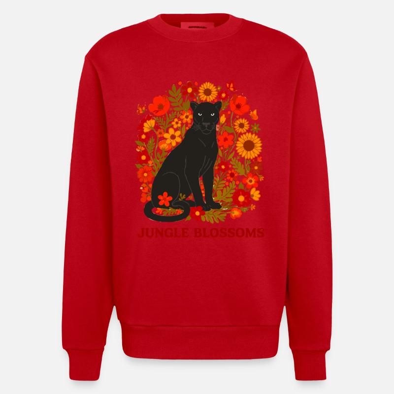 Panthère Noire et Jungle Fleurs botanique - Sweat bio épais oversize fabriqué en UE - rouge