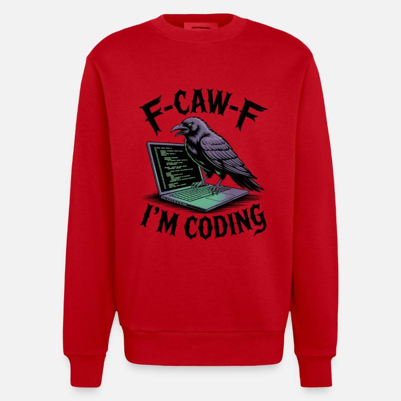 RabenCoder: Code Raven on the laptop - Heavyweight Oversized Organic Crew Neck Made in EU - red
