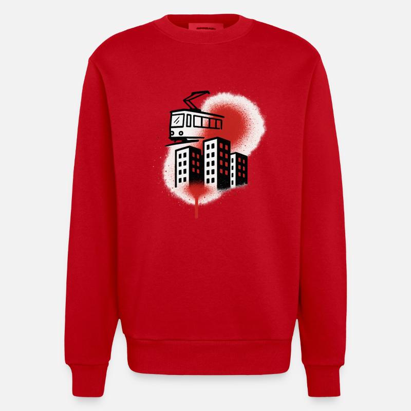 Tramway graffiti au-dessus de la ville - Sweat bio épais oversize fabriqué en UE - rouge