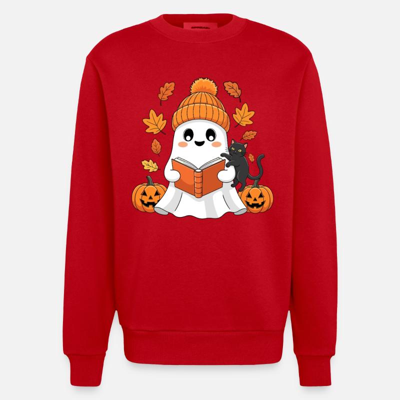 Herbstgeist Leseabend mit Katze - Sweat bio épais oversize fabriqué en UE - rouge