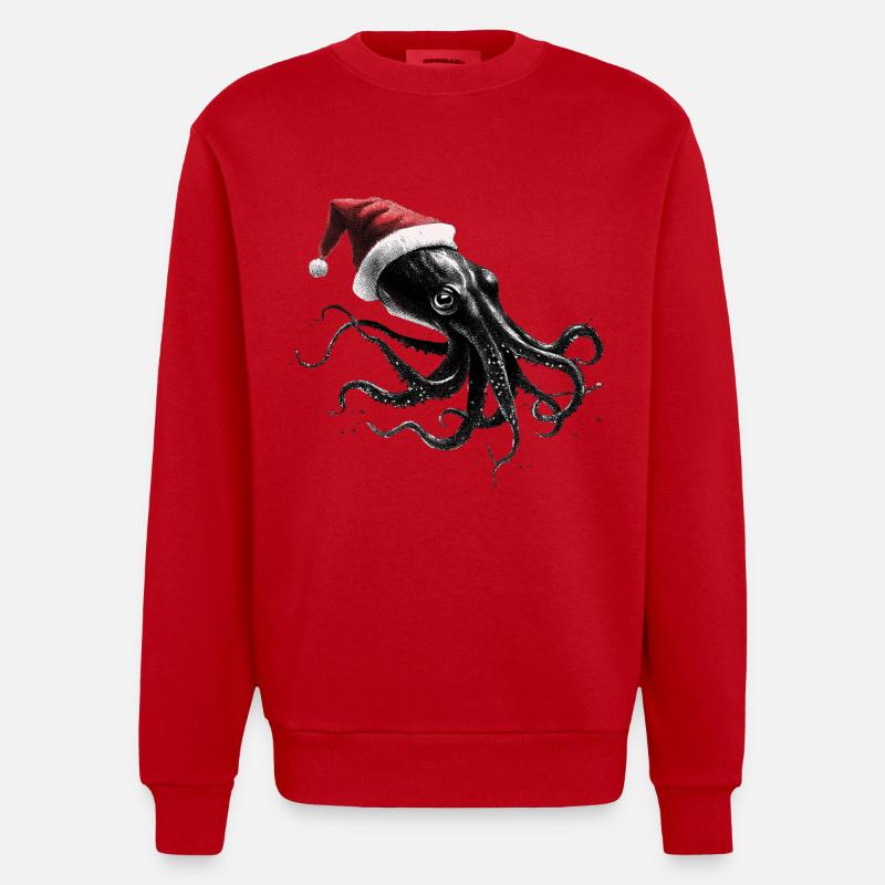 Weihnachtskrake mit Weihnachtsmütze - Heavyweight Oversized Organic Crew Neck Made in EU - Rot