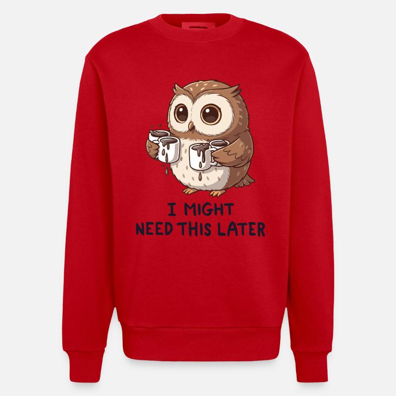 Ich brauche Kaffee später - Lustige Eule - Heavyweight Oversized Organic Crew Neck Made in EU - Rot