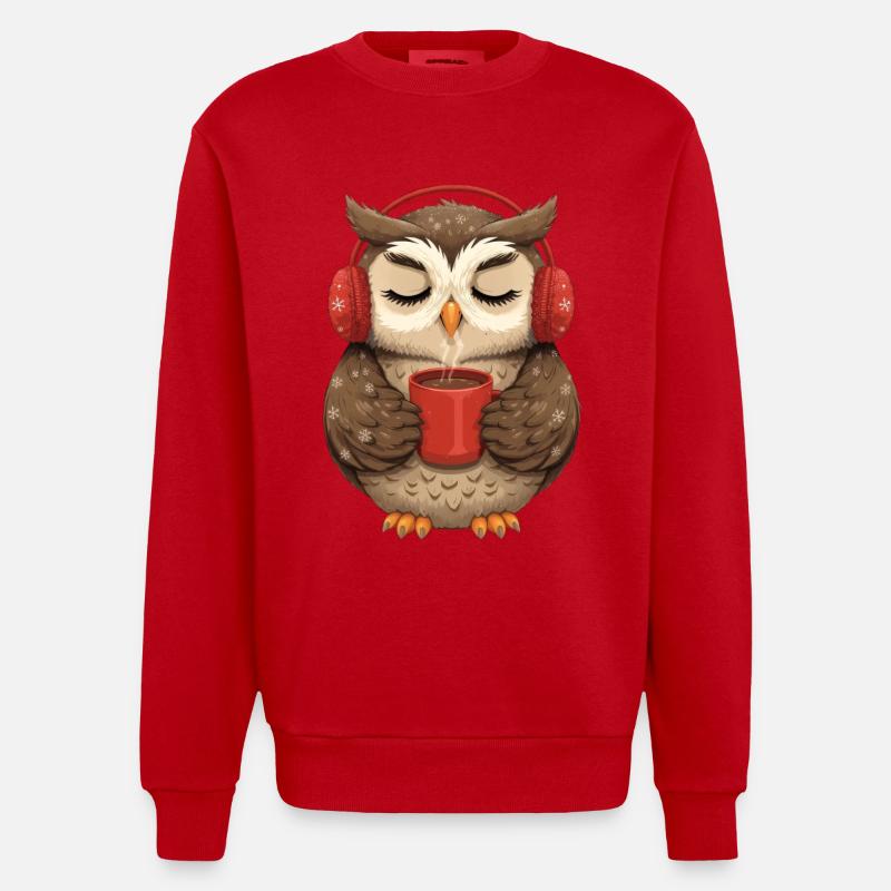 Hibou câlin avec écouteurs et café - Sweat bio épais oversize fabriqué en UE - rouge