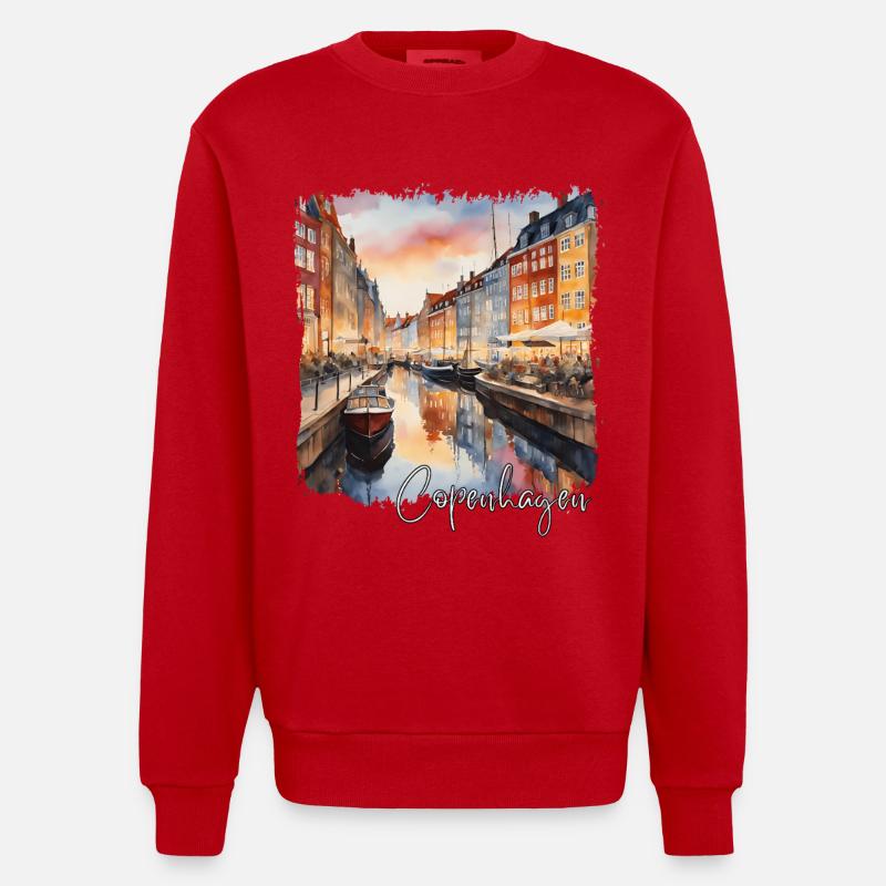 Aquarelle de Copenhague, Copenhague Danemark - Sweat bio épais oversize fabriqué en UE - rouge