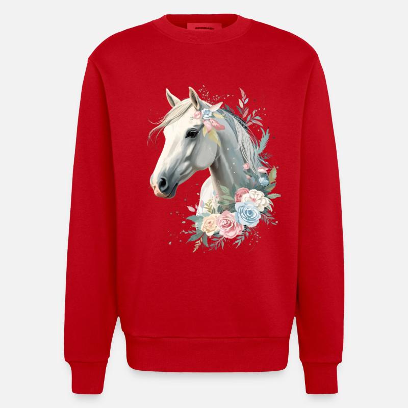 Pferd mit Blumenkranz Aquarell - Heavyweight Oversized Organic Crew Neck Made in EU - Rot