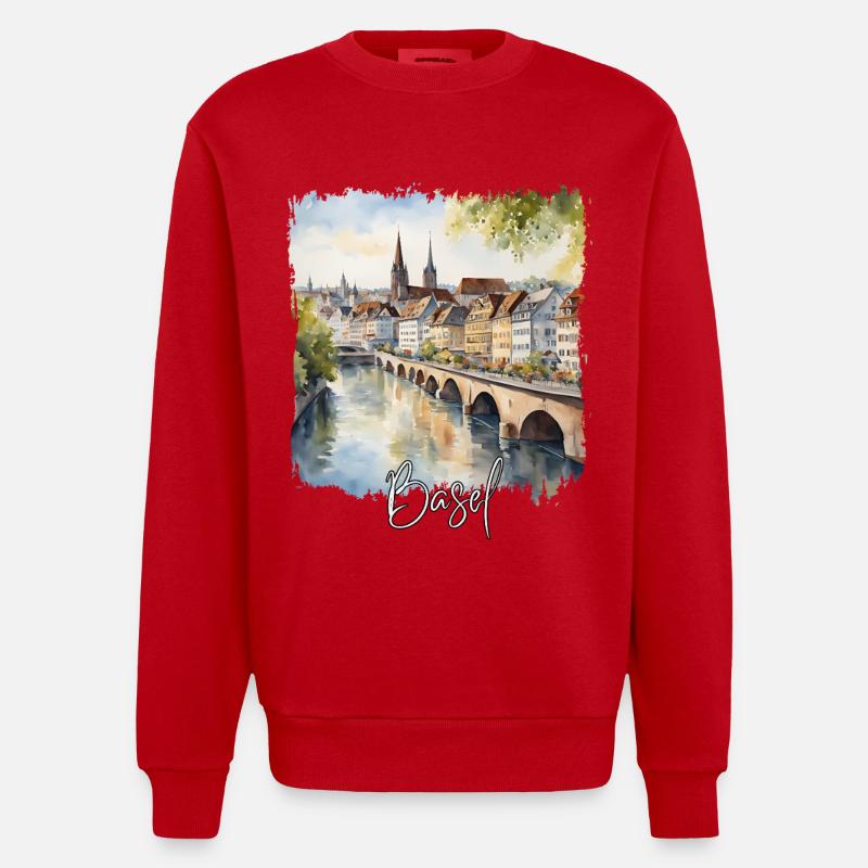 Basel Aquarell, Basel Schweiz - Heavyweight Oversized Organic Crew Neck Made in EU - Rot