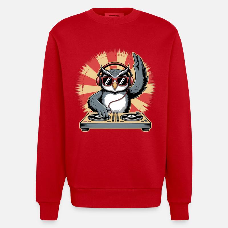 DJ Eule mit Turntables - Heavyweight Oversized Organic Crew Neck Made in EU - Rot