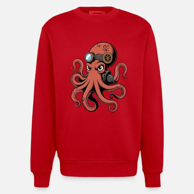 Oktopus Im Steampunk Stil Mit Monokel - Heavyweight Oversized Organic Crew Neck Made in EU - Rot