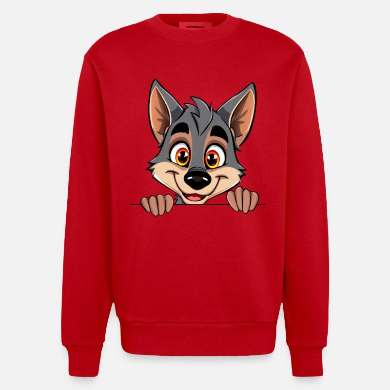 Kuscheliger Wolf blickt über Rand - Heavyweight Oversized Organic Crew Neck Made in EU - Rot
