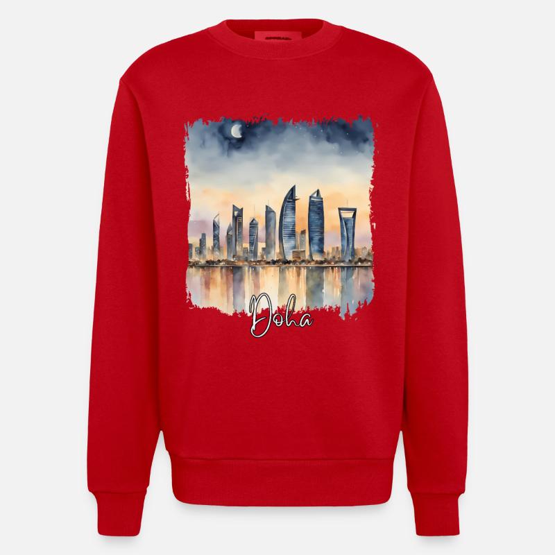 Doha Aquarell, Doha Katar - Heavyweight Oversized Organic Crew Neck Made in EU - Rot