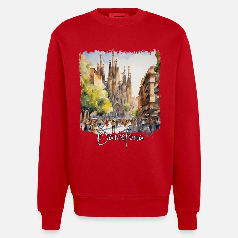 Aquarelle de Barcelone, Barcelone, Espagne - Sweat bio épais oversize fabriqué en UE - rouge