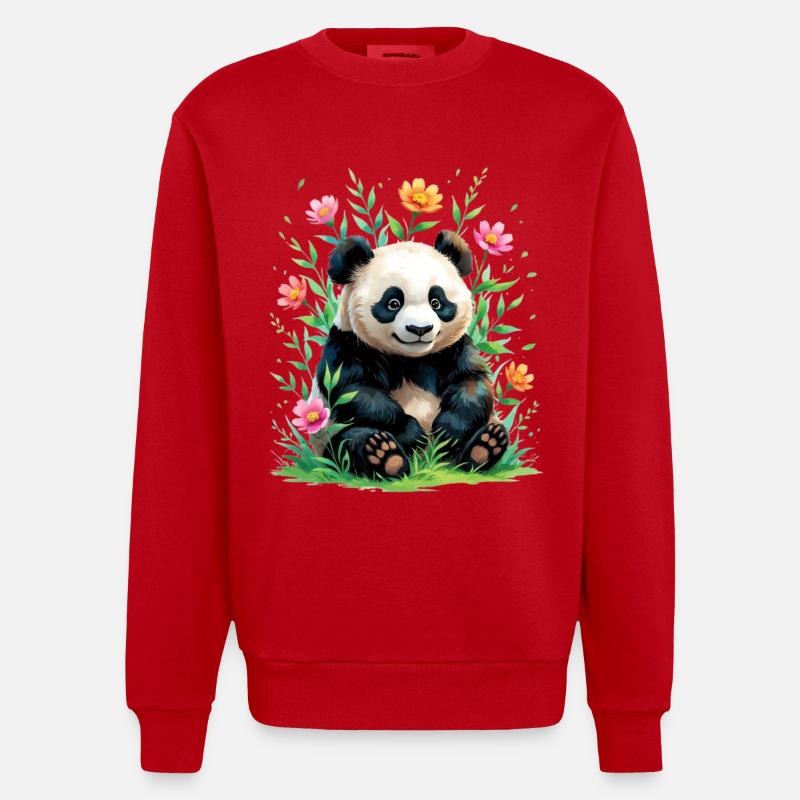 Panda im Blütenwald - Heavyweight Oversized Organic Crew Neck Made in EU - Rot