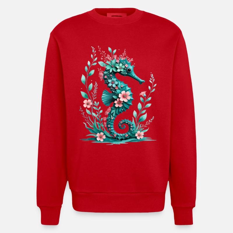 FloraSeepferdchen Blütenkunst - Heavyweight Oversized Organic Crew Neck Made in EU - Rot