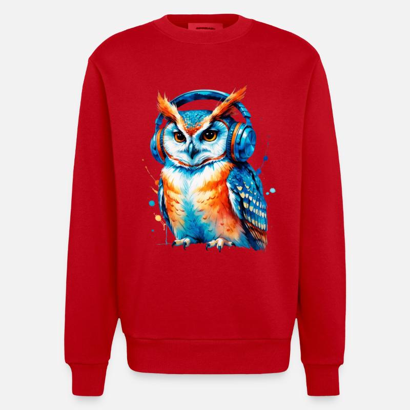 Kopfhörer Eule in Farbenspiel - Heavyweight Oversized Organic Crew Neck Made in EU - Rot