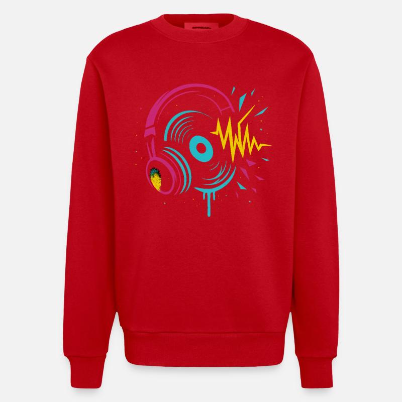 Casque néon, vinyle, son techno rave - Sweat bio épais oversize fabriqué en UE - rouge
