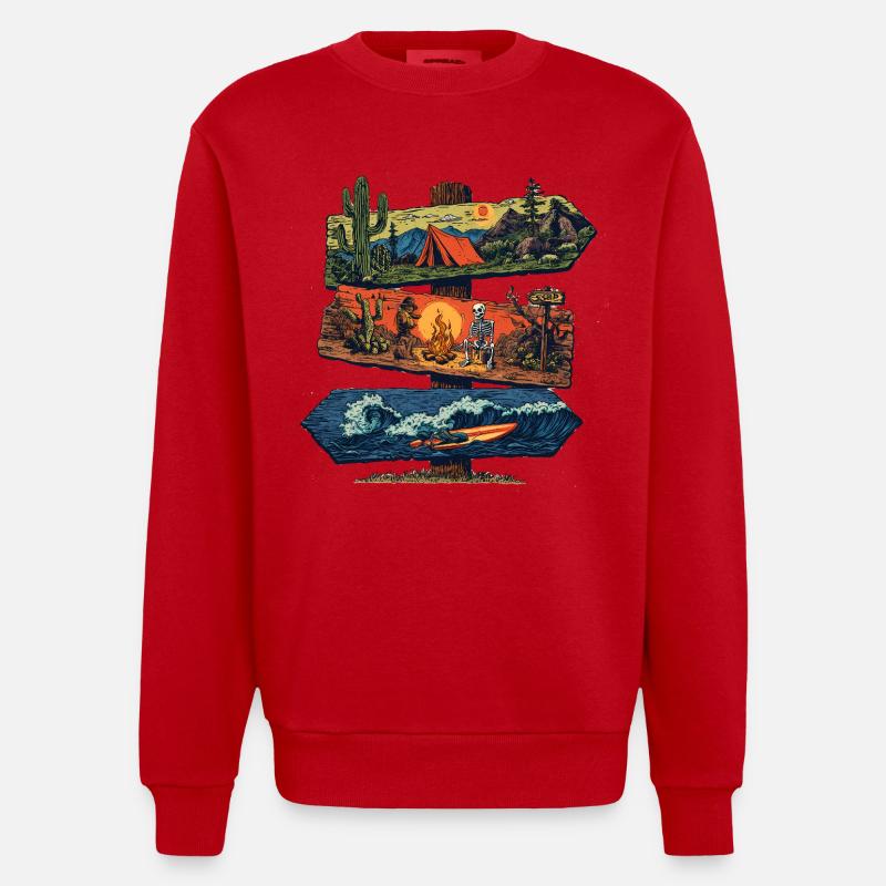 Panneau d’aventure – Camping, désert et vagues - Sweat bio épais oversize fabriqué en UE - rouge
