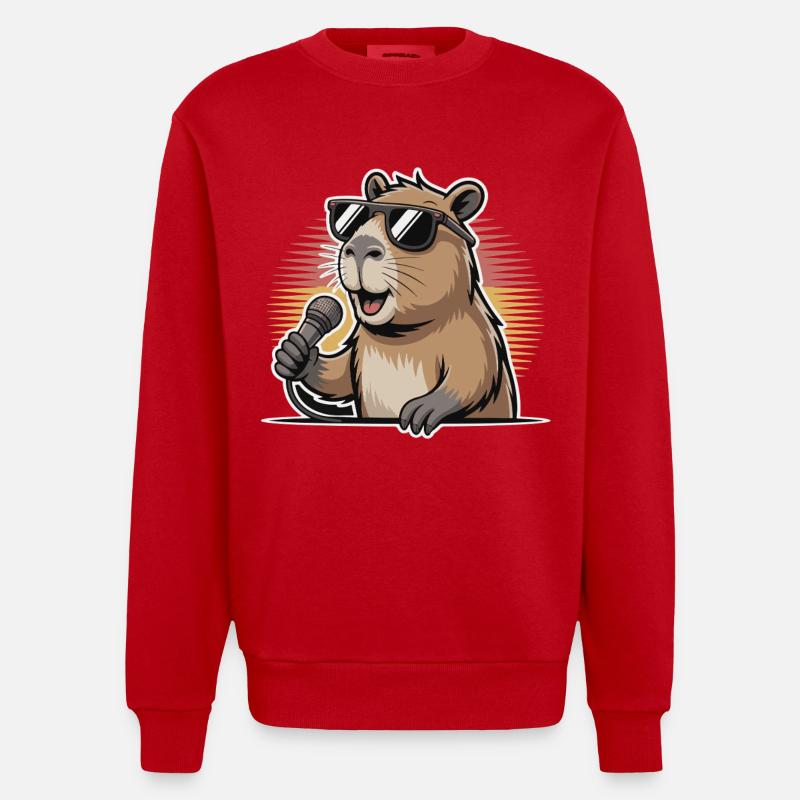 Singer Capybara with sunglasses - Heavyweight Oversized Organic Crew Neck Made in EU - red