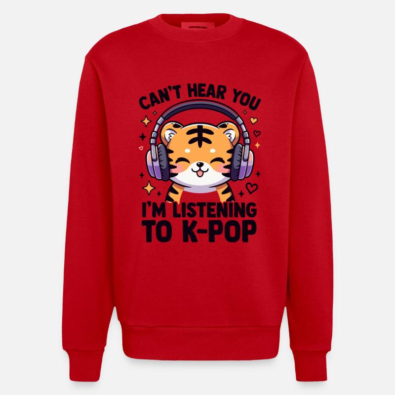 Kawaii K-Pop Tiger mit Kopfhörern - Heavyweight Oversized Organic Crew Neck Made in EU - Rot