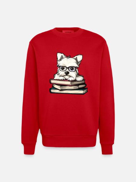 Süßes Westie-Hundelesebuch mit Brille - Heavyweight Oversized Organic Crew Neck Made in EU - Rot