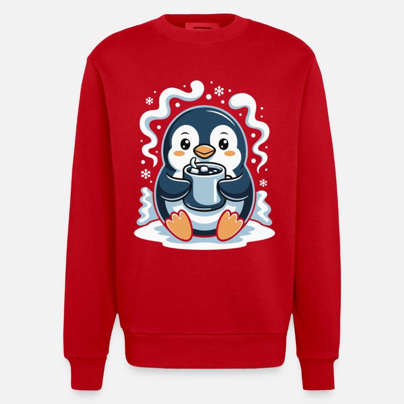 Pingouin câlin avec chocolat chaud - Sweat bio épais oversize fabriqué en UE - rouge