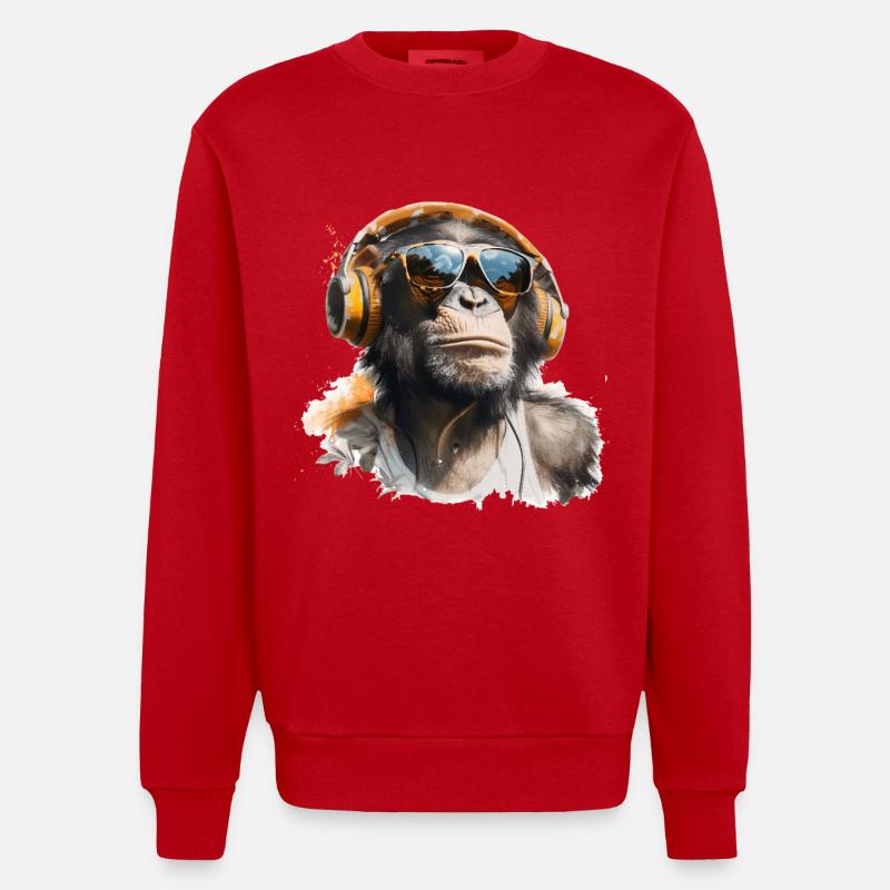 Cooler Affe mit Kopfhörer und Sonnenbrille - Heavyweight Oversized Organic Crew Neck Made in EU - Rot