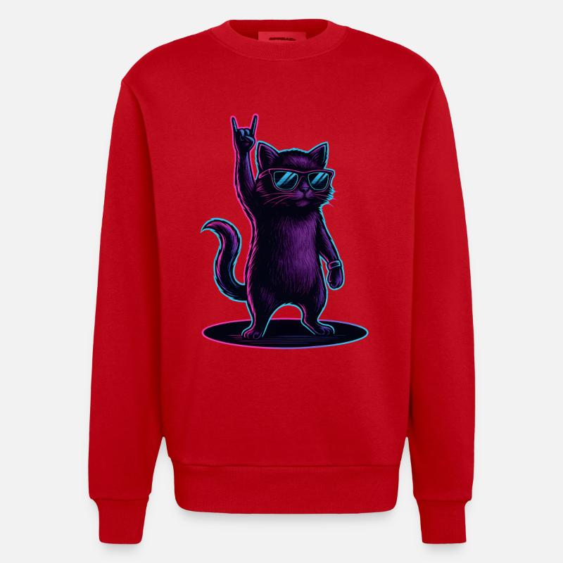 Synthwave Kater Katze mit Rockhand Pose - Heavyweight Oversized Organic Crew Neck Made in EU - Rot