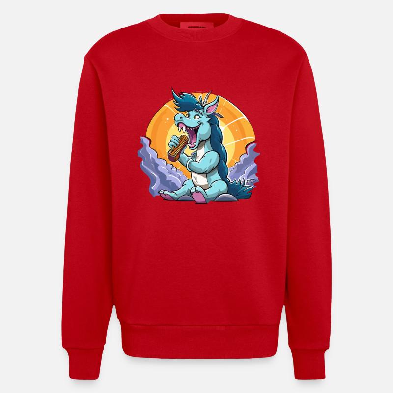 Blauer Drachen-Sänger vor Sonnenkreis - Heavyweight Oversized Organic Crew Neck Made in EU - Rot