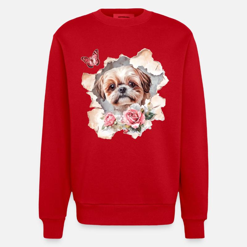 Shih Tzu avec Papillon - Sweat bio épais oversize fabriqué en UE - rouge