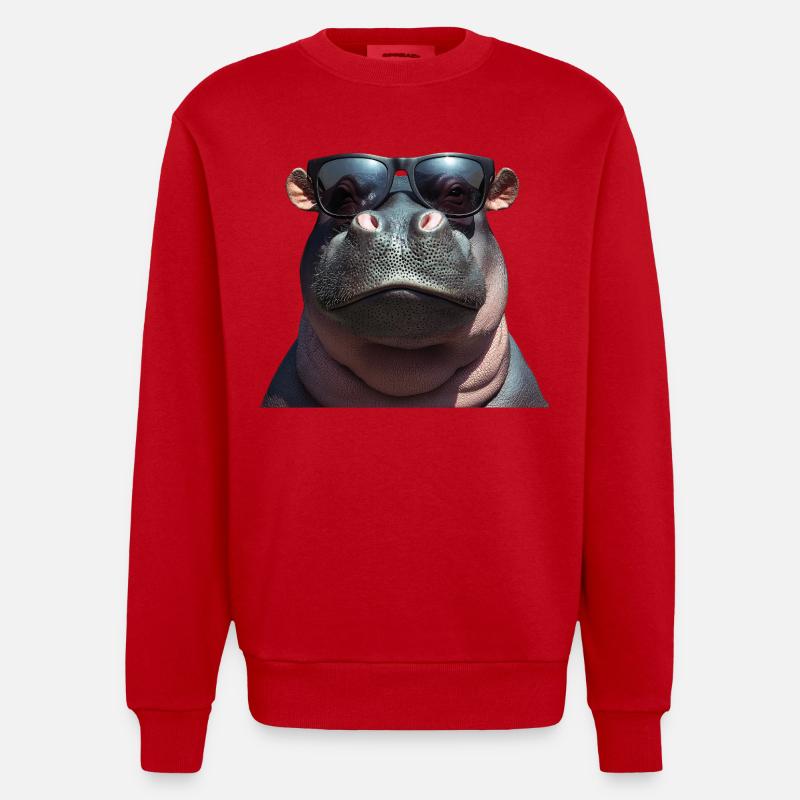 Nilpferd Flusspferd Hippo mit Sonnenbrille - Heavyweight Oversized Organic Crew Neck Made in EU - Rot