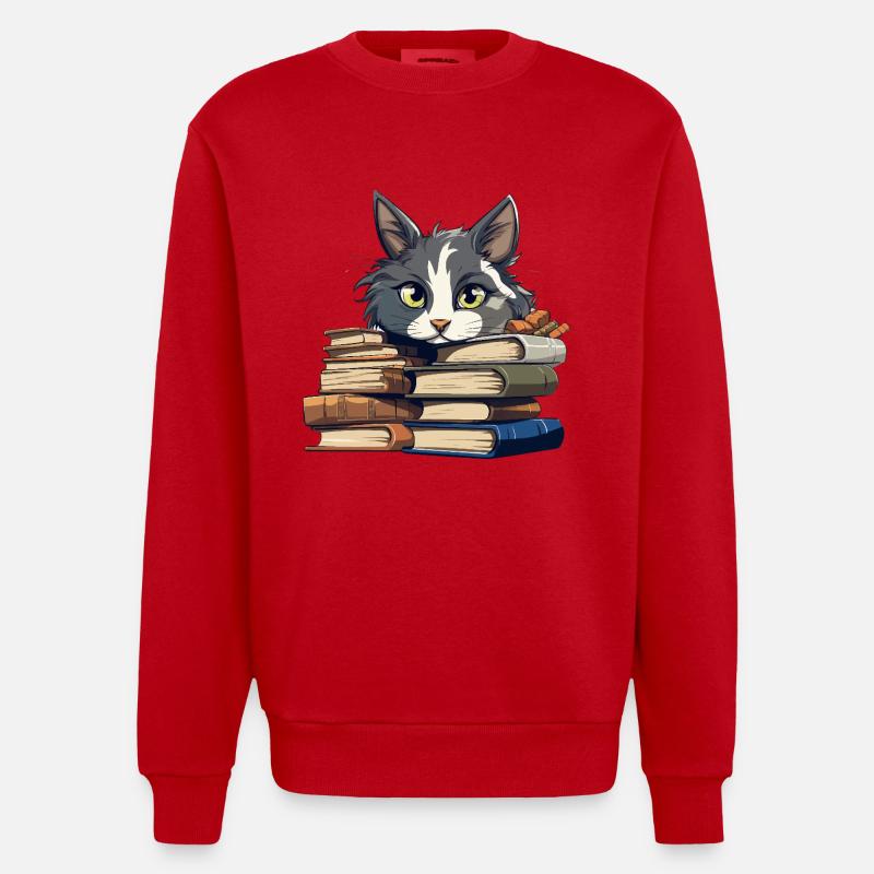 Book Stack Cat Bibliophile - Heavyweight Oversized Organic Crew Neck Made in EU - red