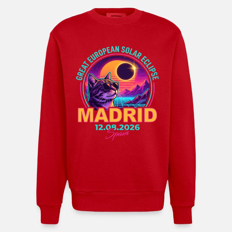 Solar Cat Madrid Eclipse 2026 - Heavyweight Oversized Organic Crew Neck Made in EU - red