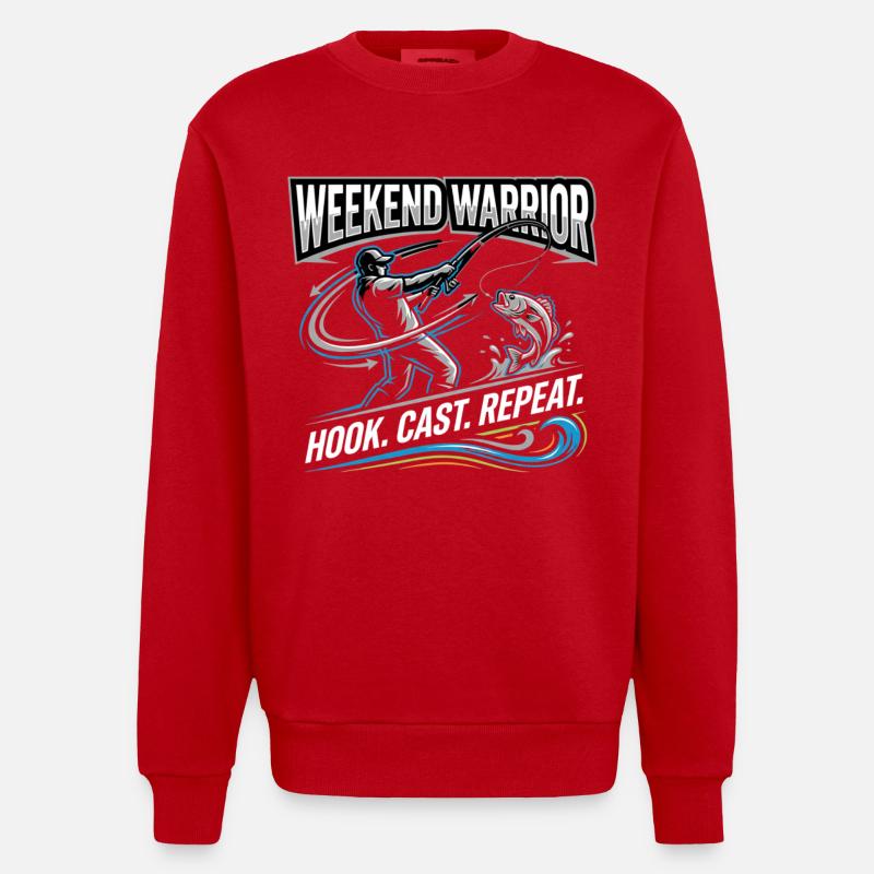 Weekend Warrior Hook Cast Repeat Angler - Heavyweight Oversized Organic Crew Neck Made in EU - red