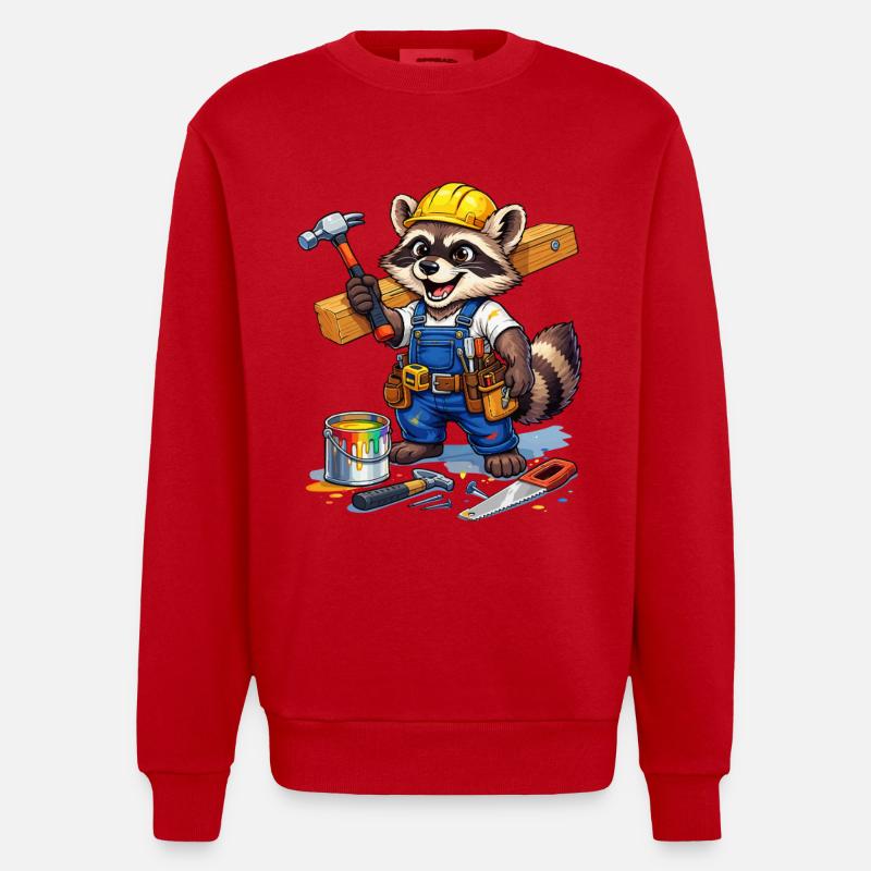 Construction Raccoon in workshop look - Heavyweight Oversized Organic Crew Neck Made in EU - red