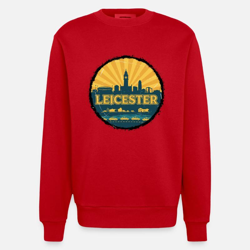 Leicester City Skyline Retro Sunset Abzeichen - Heavyweight Oversized Organic Crew Neck Made in EU - Rot