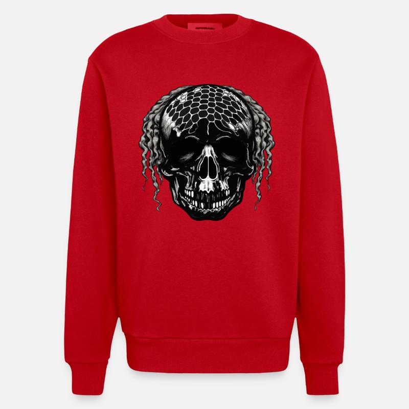 Skull with Mesh Pattern Dreadlocks - Heavyweight Oversized Organic Crew Neck Made in EU - red