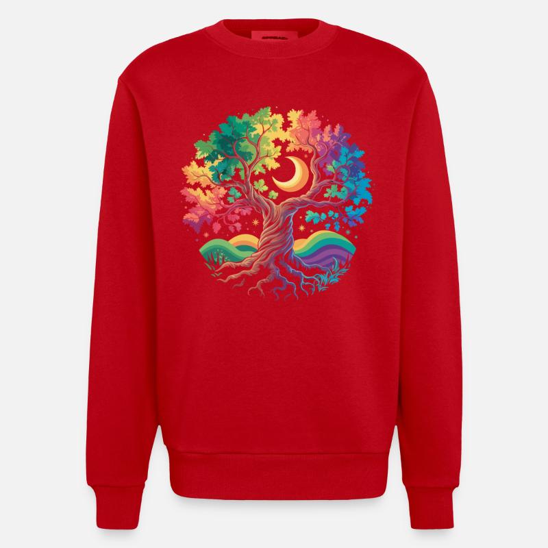 Rainbow Tree Moon Magic - Heavyweight Oversized Organic Crew Neck Made in EU - red