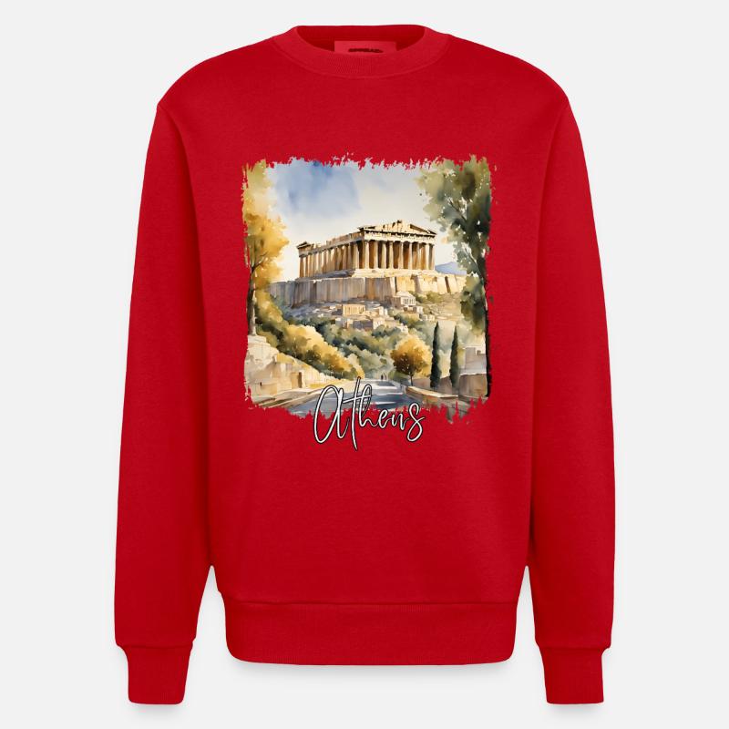 Aquarelle d’Athènes, Athènes Grèce - Sweat bio épais oversize fabriqué en UE - rouge