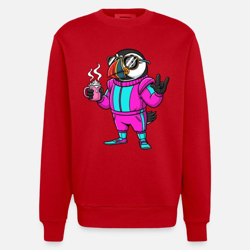 Stylischer Vogel im Ski-Overall mit Kaffee - Heavyweight Oversized Organic Crew Neck Made in EU - Rot