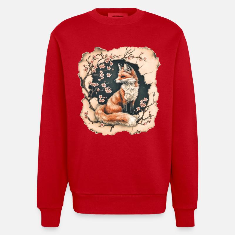 Fuchs mit Kirschblüten - Heavyweight Oversized Organic Crew Neck Made in EU - Rot
