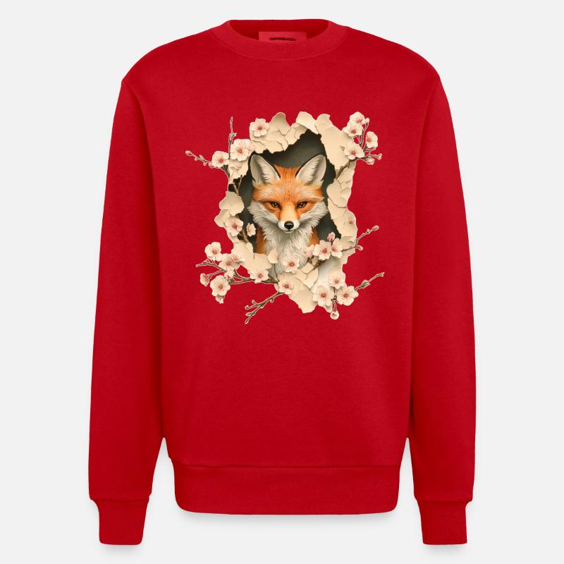 Fuchs mit Kirschblüten - Heavyweight Oversized Organic Crew Neck Made in EU - Rot