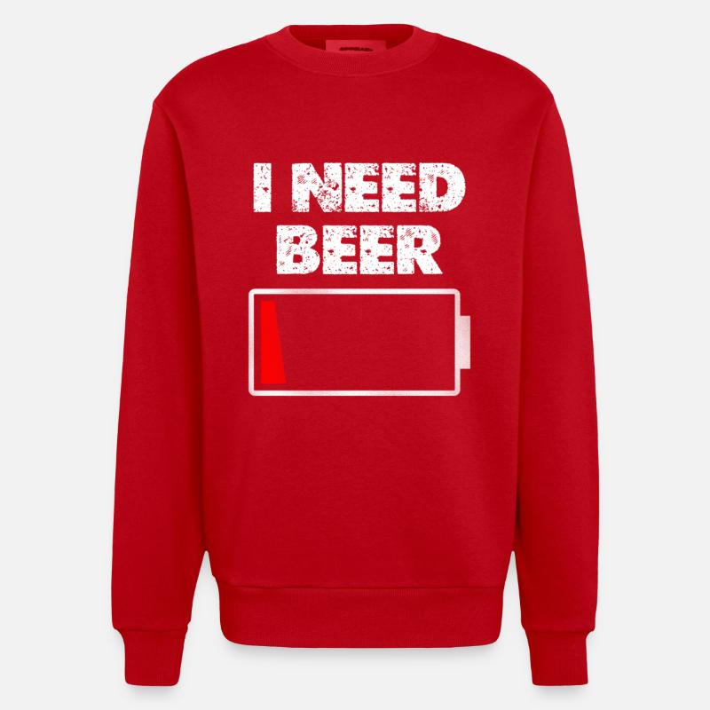 I Need Beer – Battery empty - Heavyweight Oversized Organic Crew Neck Made in EU - red