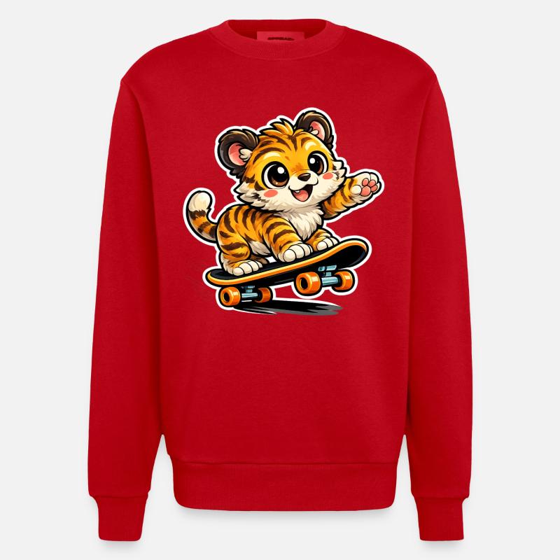 Aventure mignonne sur skateboard tigre - Sweat bio épais oversize fabriqué en UE - rouge