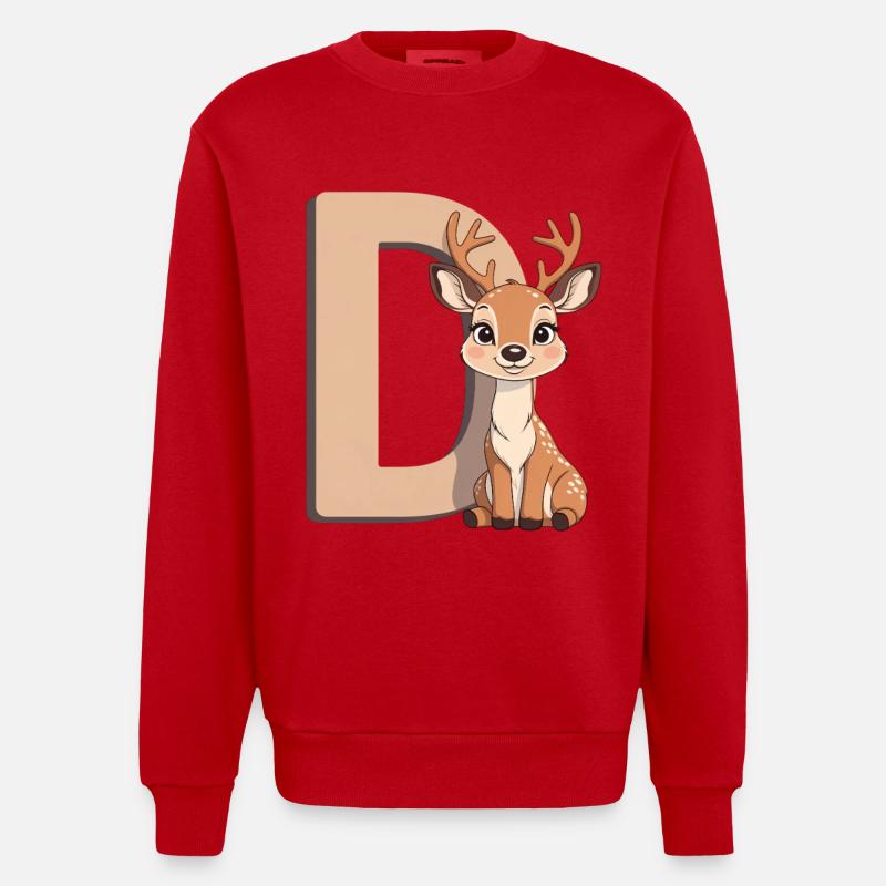 Deer D Cartoon Kuschelbuchstabe D - Heavyweight Oversized Organic Crew Neck Made in EU - Rot