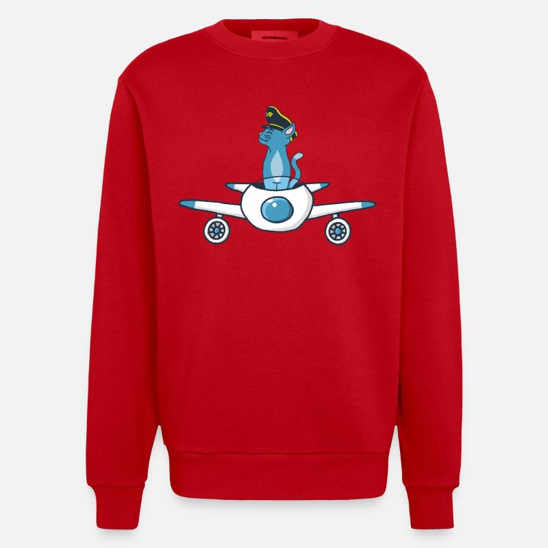 Flugzeugpilot Katze - Heavyweight Oversized Organic Crew Neck Made in EU - Rot