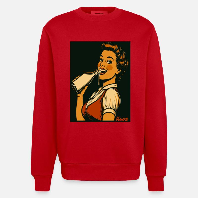 Retro Dame mit Milch Getränk - Heavyweight Oversized Organic Crew Neck Made in EU - Rot