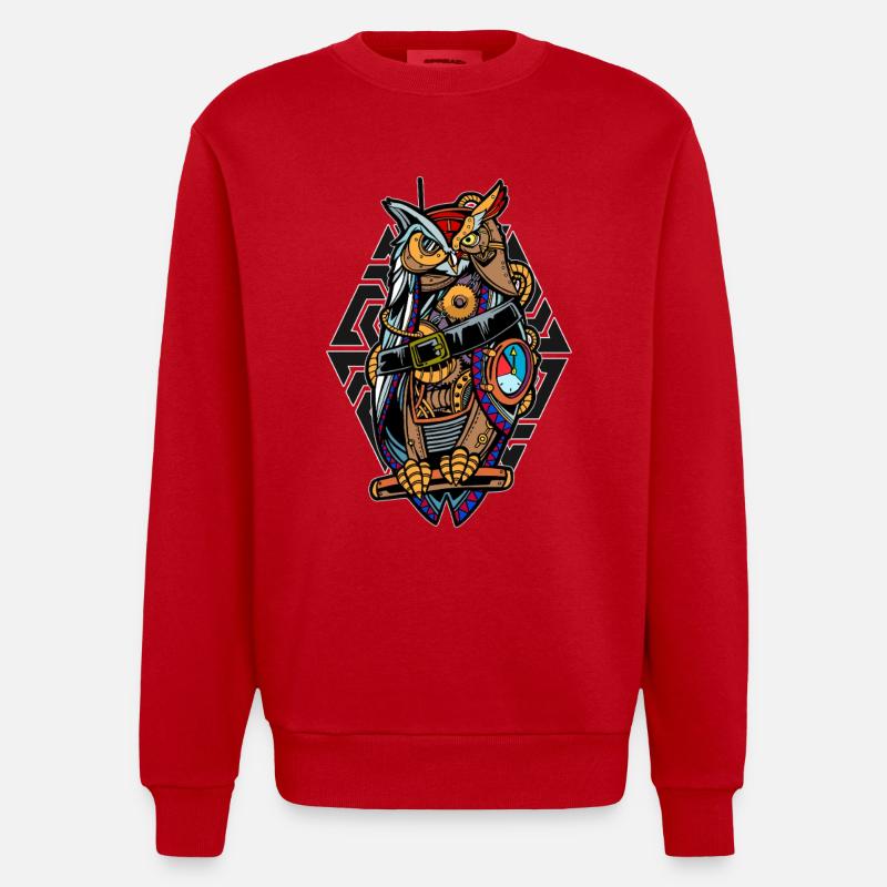 Steampunk-Eule mit Zahnrädern Mystisch Mechanisch  - Heavyweight Oversized Organic Crew Neck Made in EU - Rot