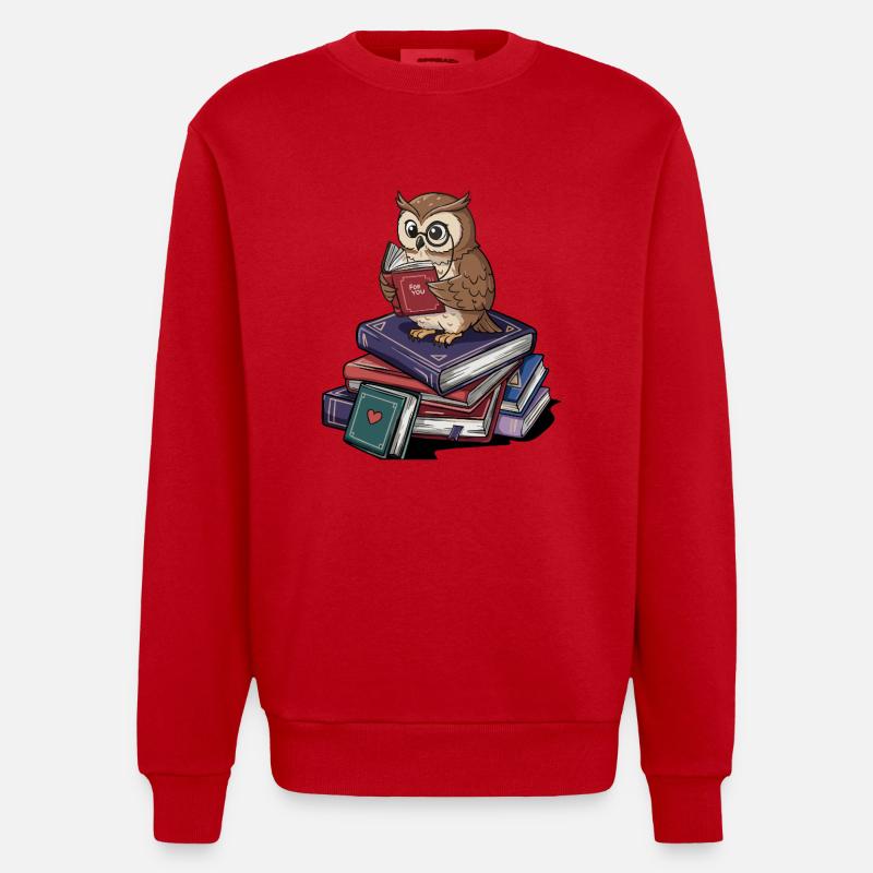Bücherwurm-Eule-Vogel liest Bücher Kunst - Heavyweight Oversized Organic Crew Neck Made in EU - Rot