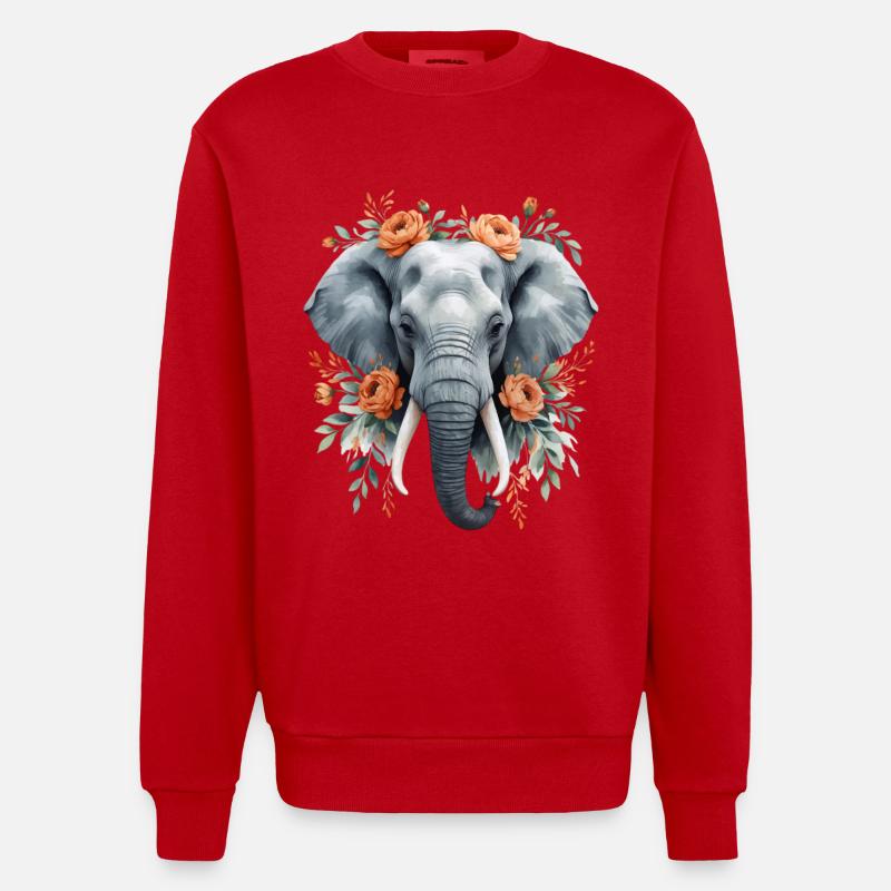 Éléphant avec une couronne de fleurs - Sweat bio épais oversize fabriqué en UE - rouge