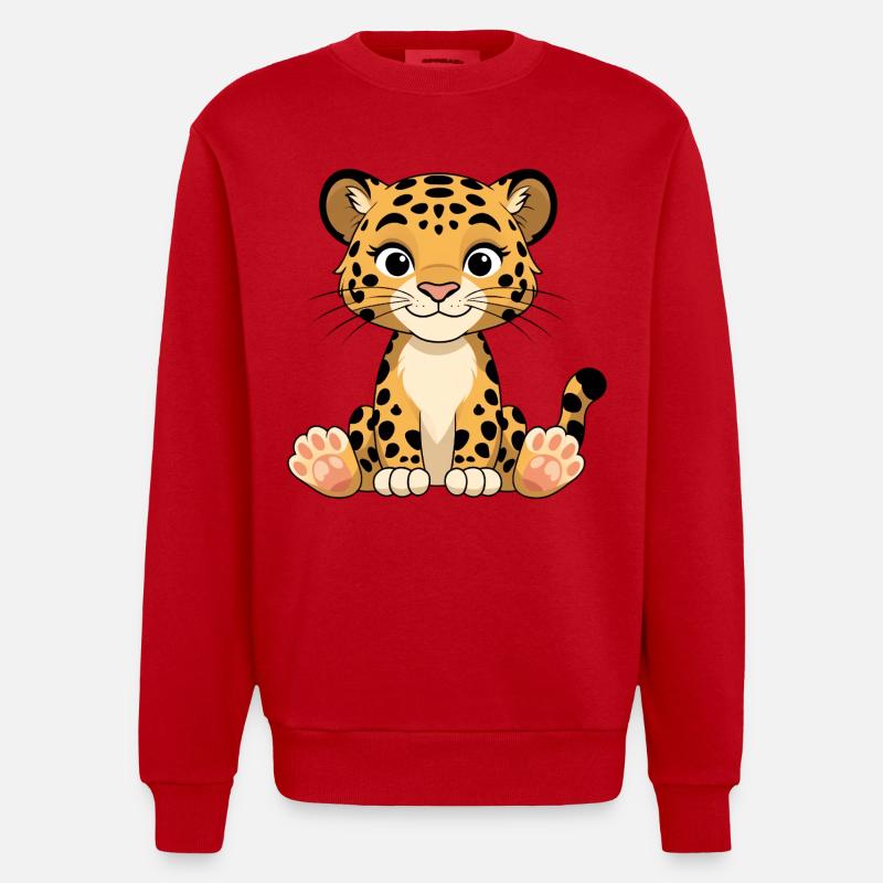 Tirage de dessin animé Chaton Léopard - Sweat bio épais oversize fabriqué en UE - rouge